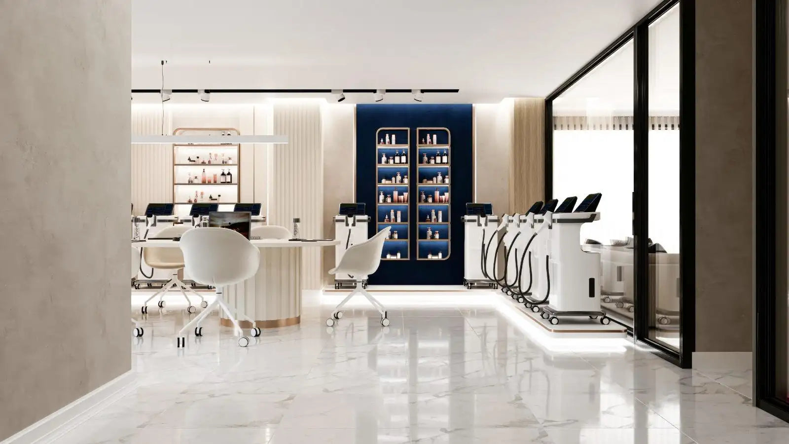 Modern white aesthetic medical beauty treatment station with sleek, minimalist design and clean lines.