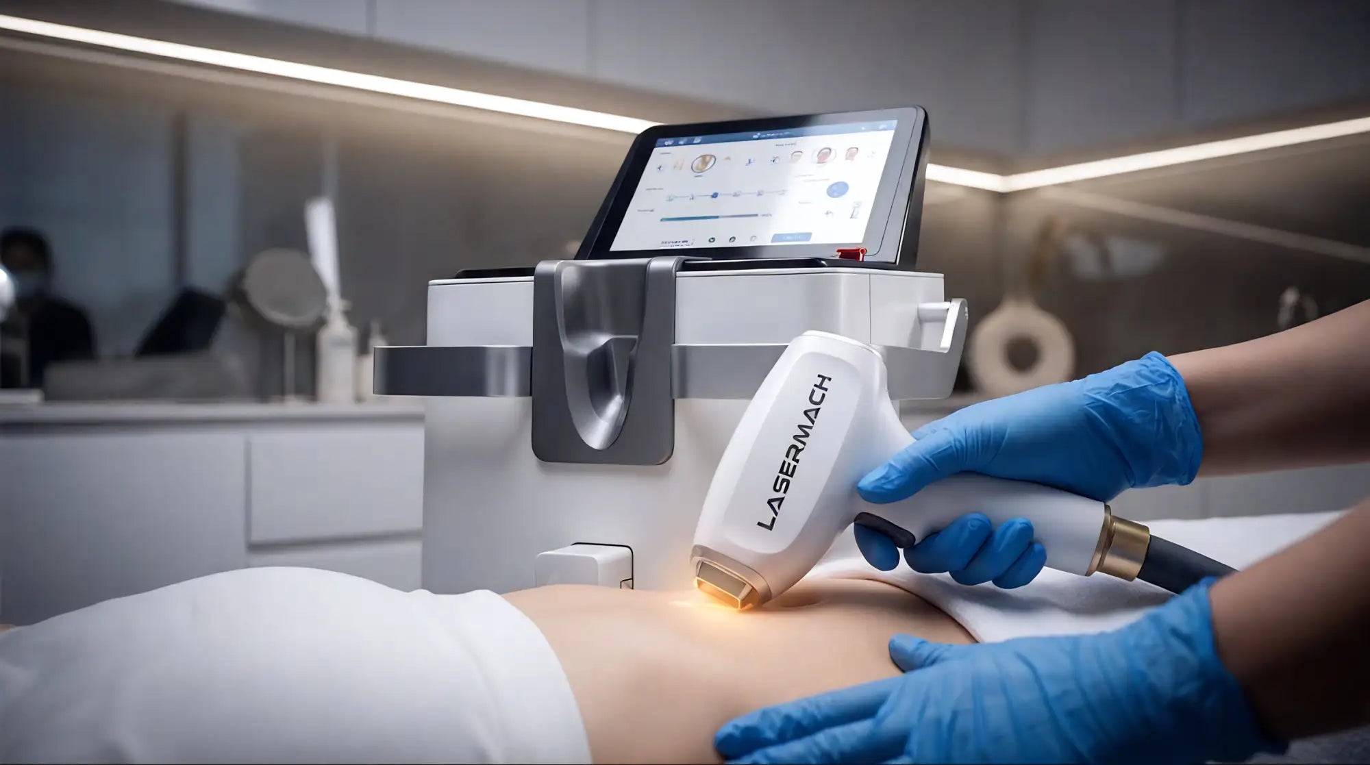 White lasermac hand-held laser device with a gold-colored tip being used for skin treatment.
