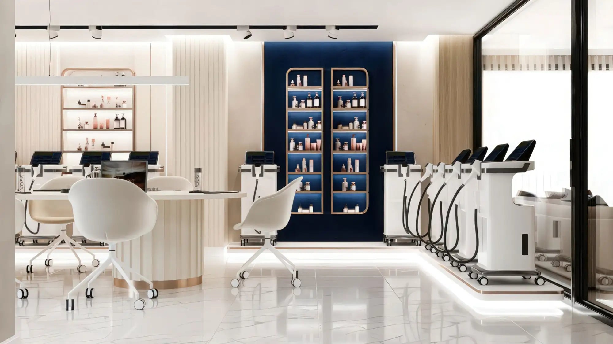 Modern white aesthetic salon chairs with sleek, minimalist design and caster wheels.