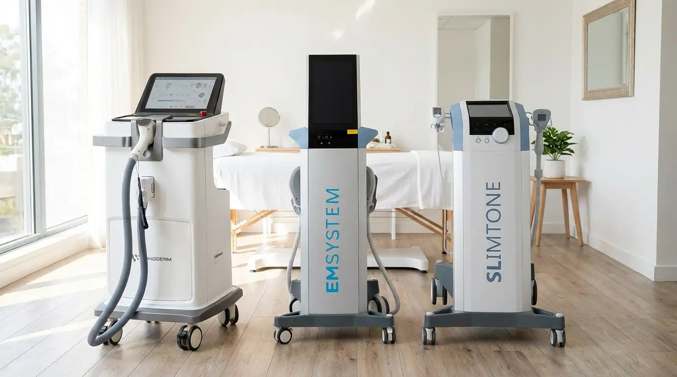 Three sleek, modern medical-grade beauty and wellness machines with white and gray bodies, featuring digital screens and branded labels: ’ems system’ in teal on the central unit, and ’slim tone’ also in teal on the rightmost one.