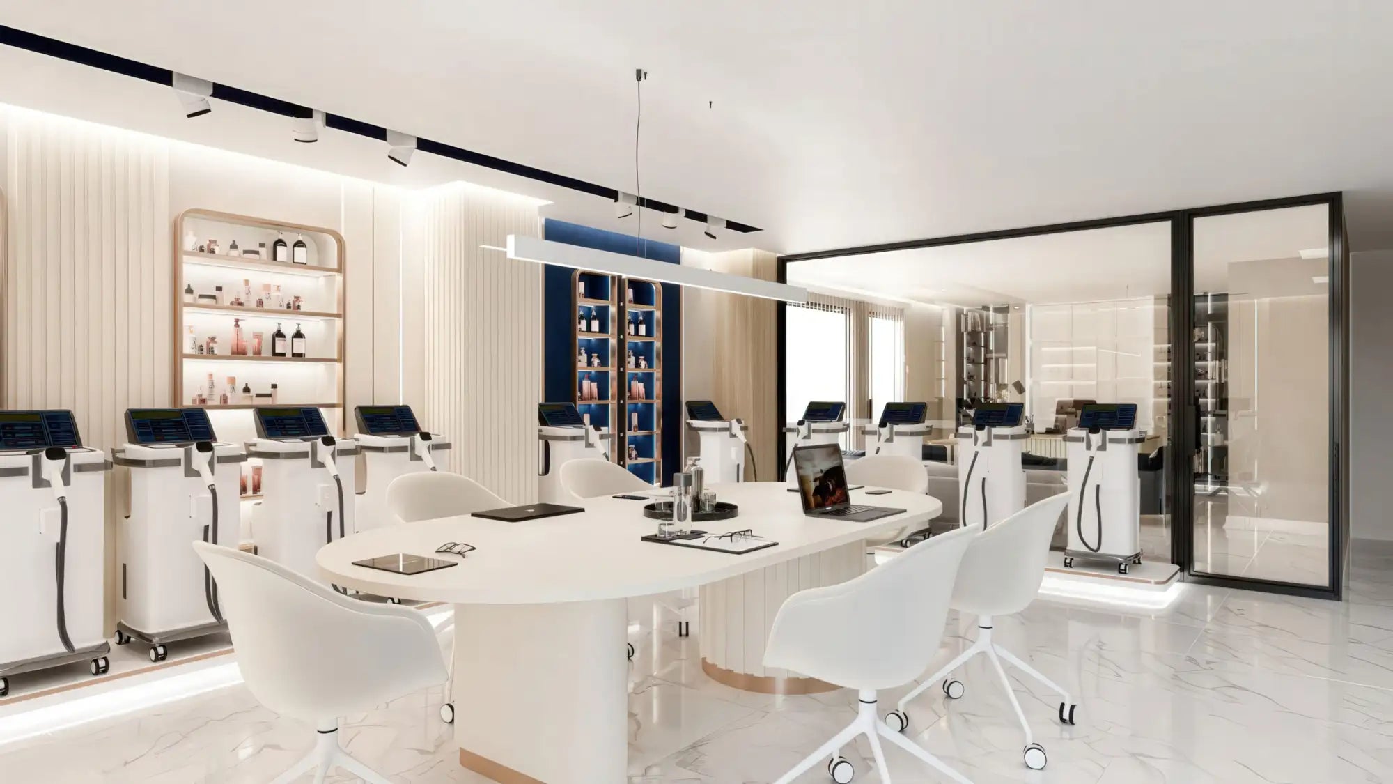 White sleek beauty treatment stations with integrated screens and wheels, arranged neatly in a modern clinic setting